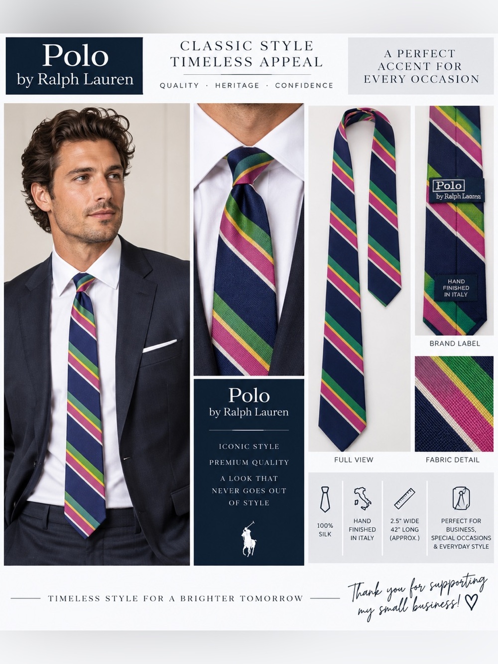 Polo Ralph Lauren Silk Tie Navy Pink Green Striped Handmade Italy 2.5" x 42"